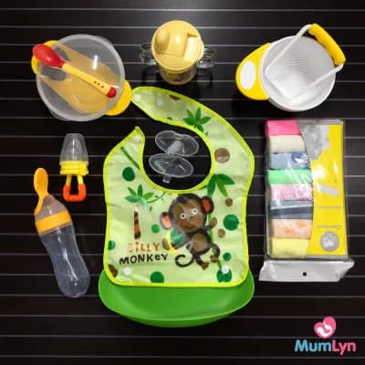 Full Set of 8pcs Baby Feeding Package with Bowl, Mom Pot, Mixing Bowl, Spoon Feeder, Fruit Chusni, Finger Brush, Dining Bib & Towel (Any Color)