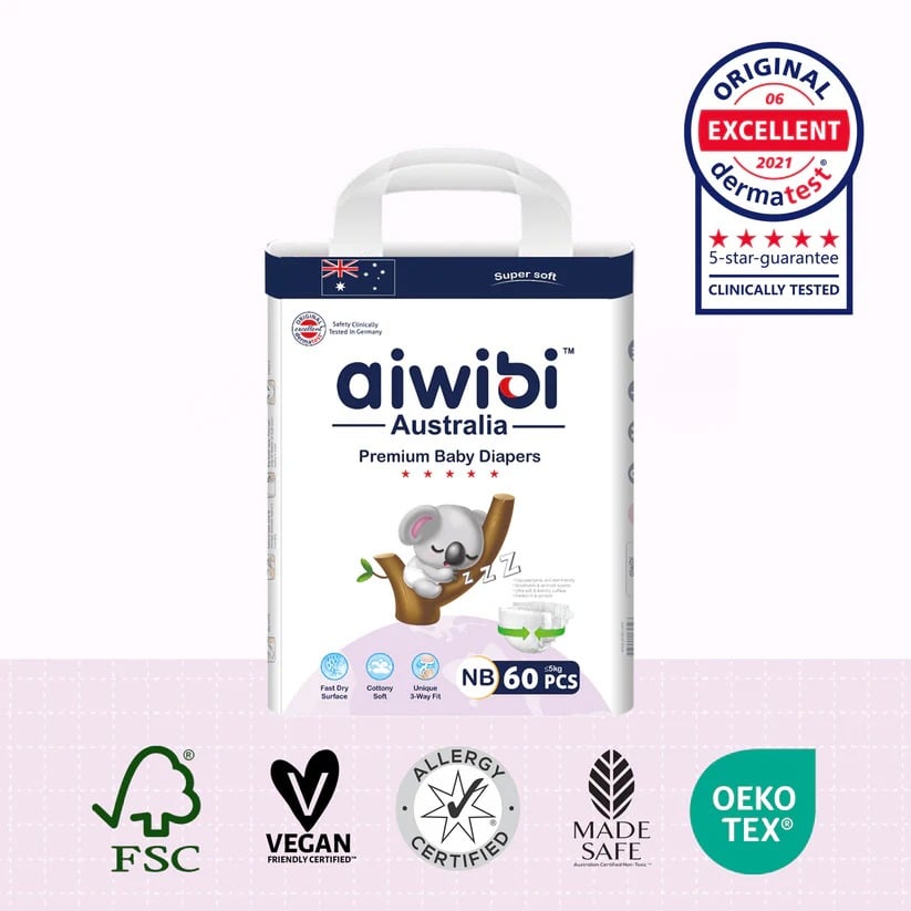 Aiwibi Premium Natural Newborn Diapers Large Package NB 60Pcs (0-5)kg