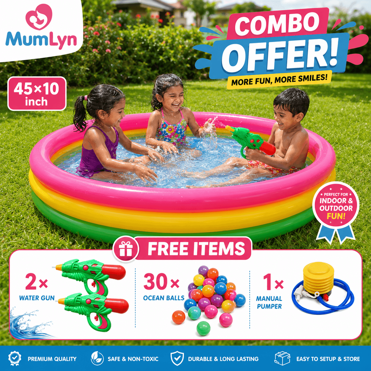 Intex 45×10 Inch Inflatable Kids Swimming Pool Combo with 2 Water Guns, 30 Balls & Manual Pumper