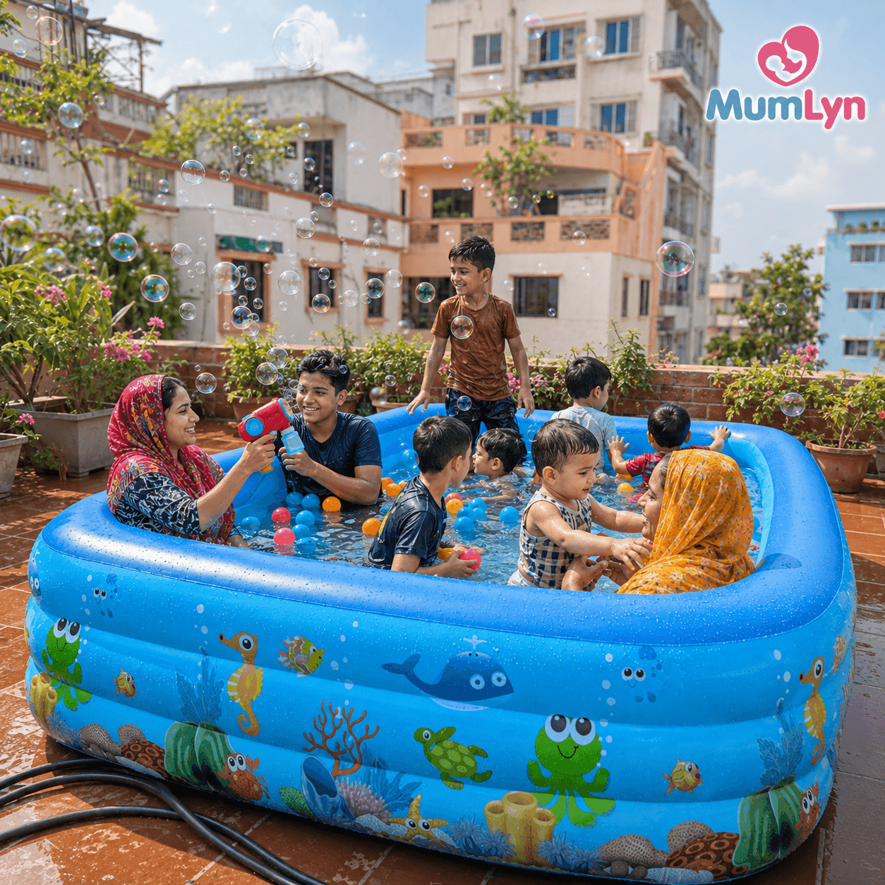 Large Family Pool Set – 10×6×2 ft (free bubble gun, electric pumper, and 20 pcs ball)