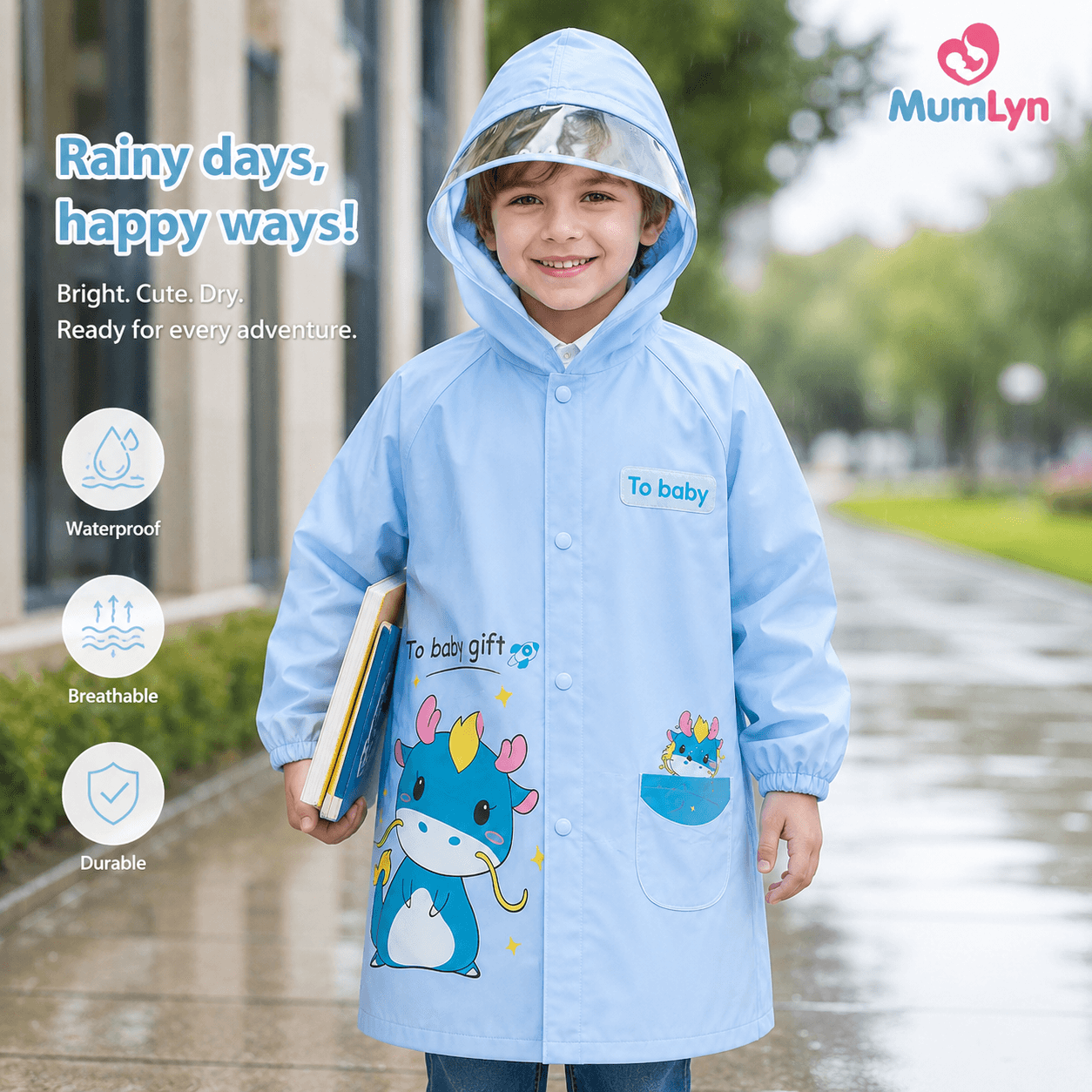 MumLyn Kids Rain Overcoat – Sky Blue Cartoon Design