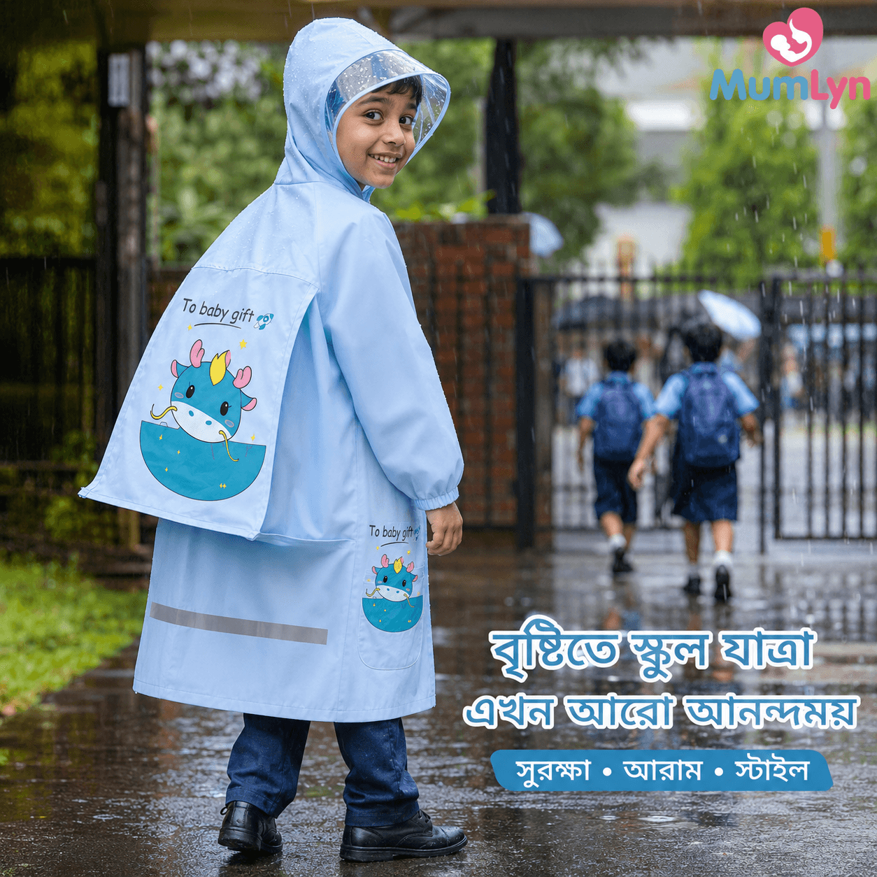 MumLyn Kids Rain Overcoat – Sky Blue Cartoon Design