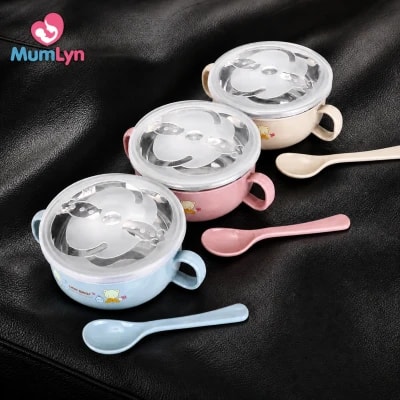 Baby Feeding Bowl with Lids Stainless Steel Double-Layered Insulated Bowl Spoon Set Children Tableware – 1pcs (Any Color)