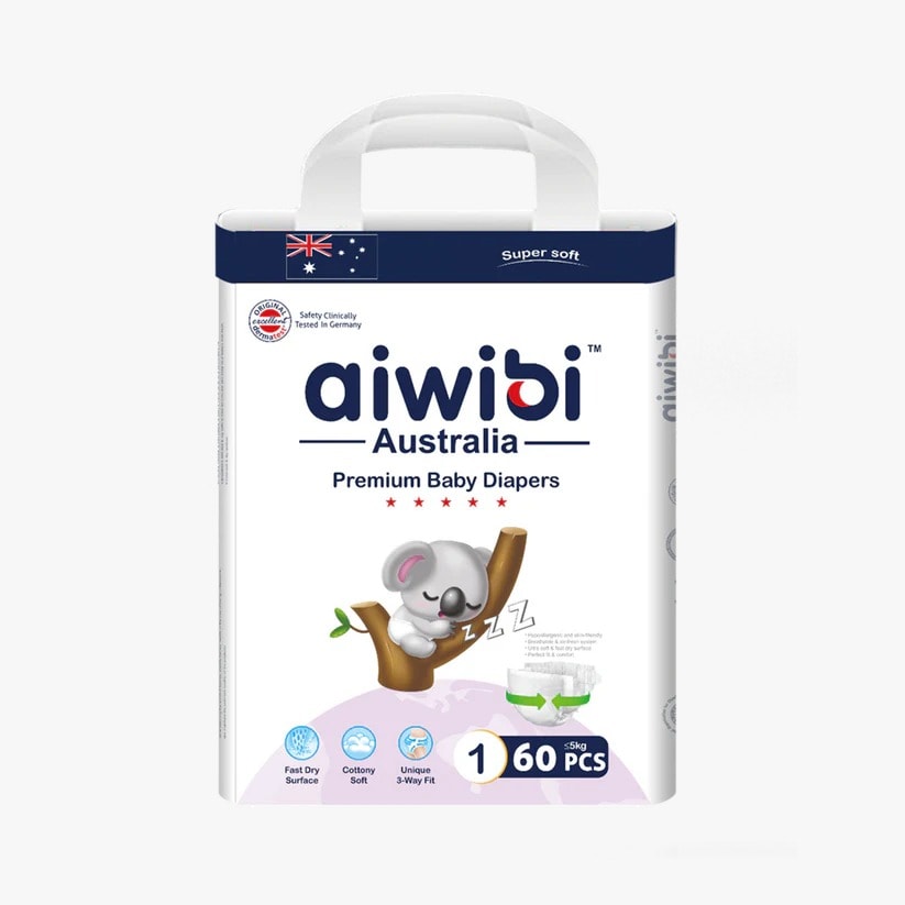 Aiwibi Premium Natural Newborn Diapers Large Package NB 60Pcs (0-5)kg