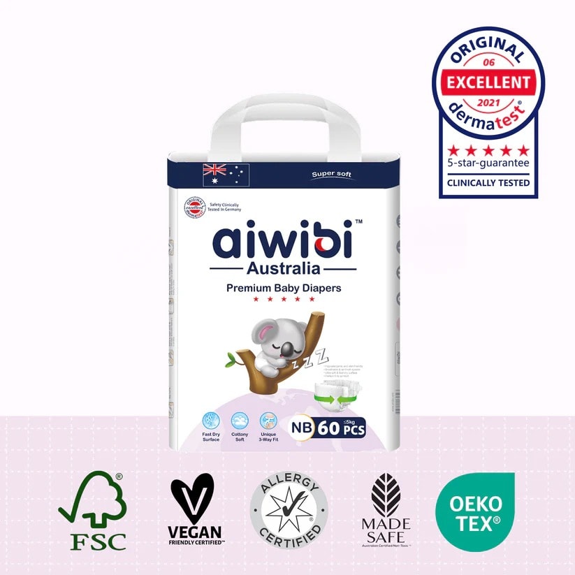 Aiwibi Premium Natural Newborn Diapers Large Package NB 60Pcs (0-5)kg