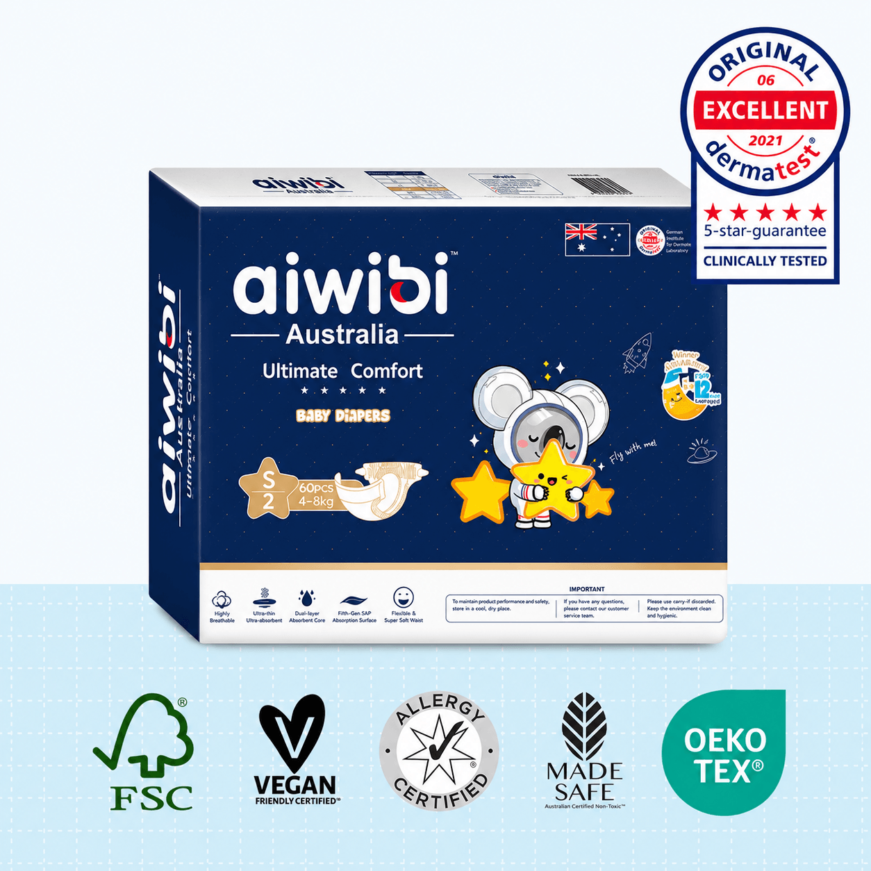 Aiwibi Ultimate Comfort Baby Diapers S 60 Pcs for 4–8kg babies
