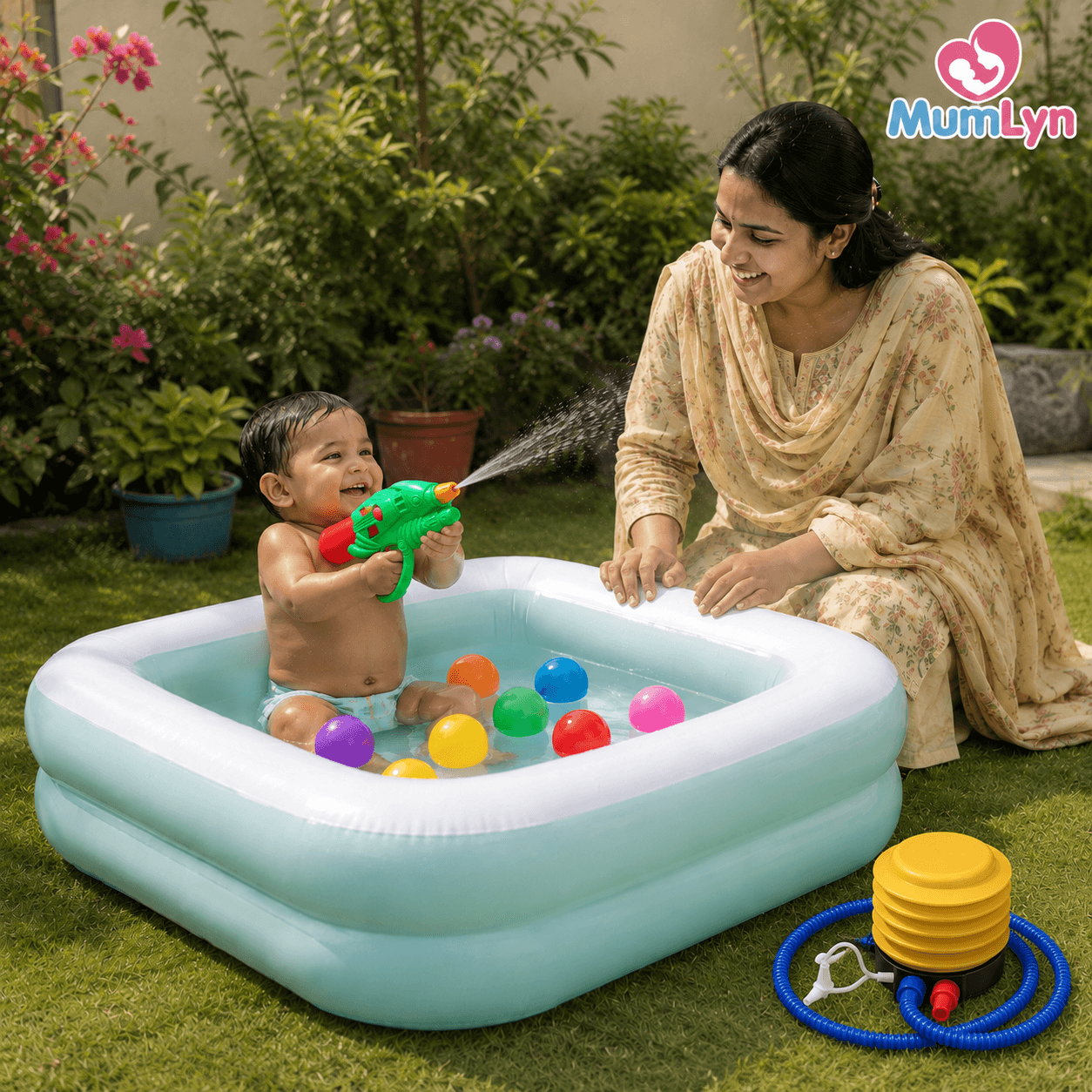 Intex Inflatable Baby Pool 34" x 34" x 10" with Free 10 Balls, Water Gun & Manual Pump