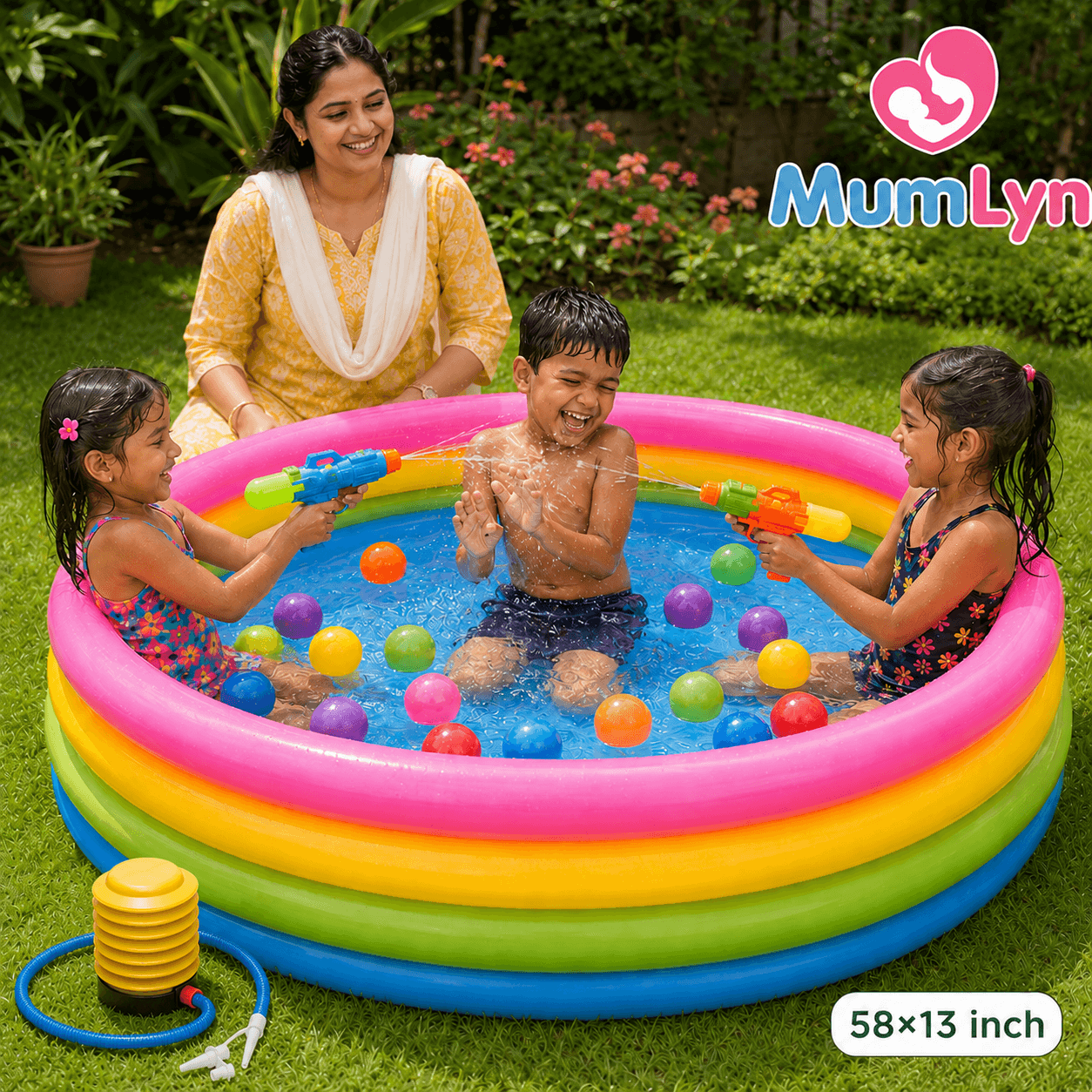Intex Inflatable Baby Pool 58" x 13" with Free 20 Balls, 2 Water Guns & Manual Pump