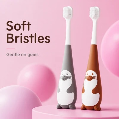 10000 Hair Children’s Toothbrush 2–12 Years – Small Brush Head Baby Seal Cartoon Standing Toothbrush 1pcs